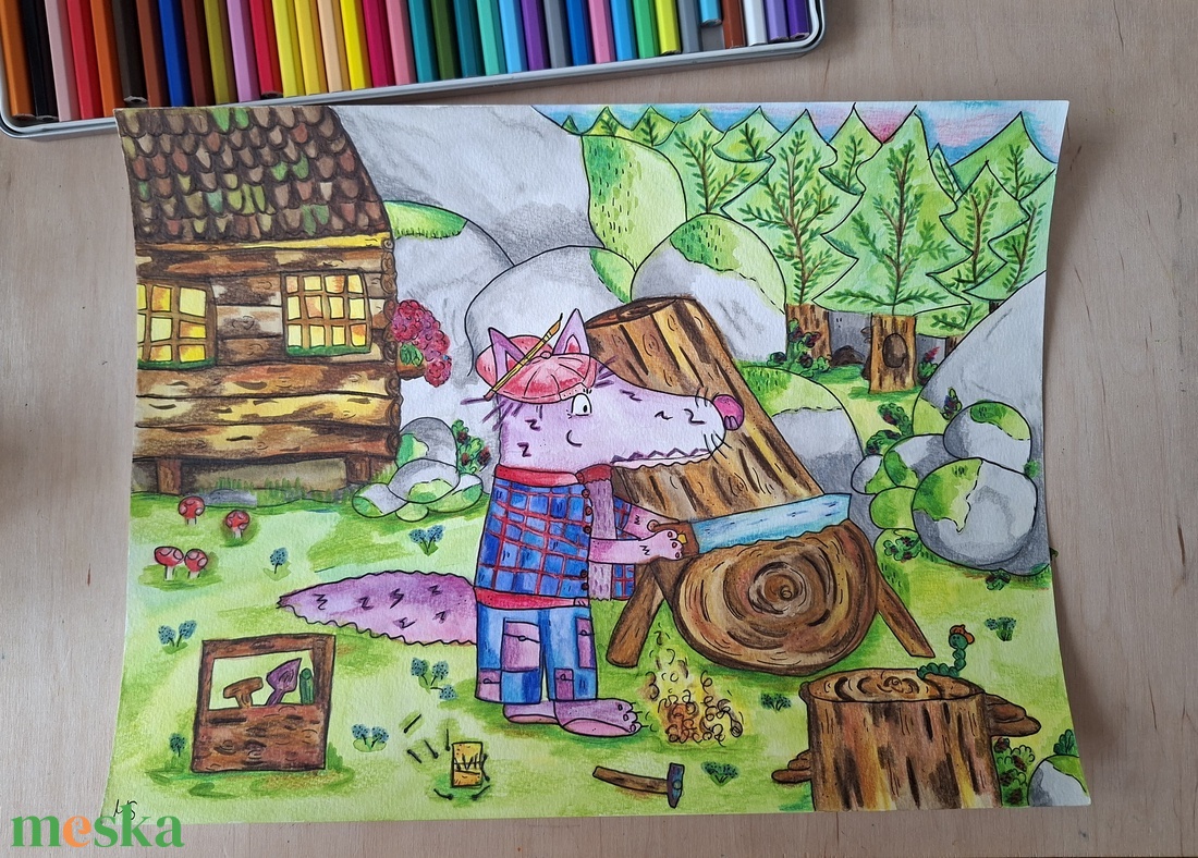 Erdei favágás farkassal! - művészet - grafika & illusztráció - művészi nyomat - Meska.hu