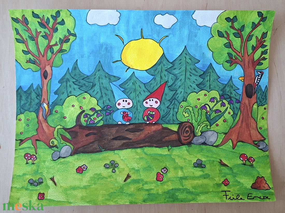 Manók az erdő közepén találkoznak! - művészet - grafika & illusztráció - művészi nyomat - Meska.hu