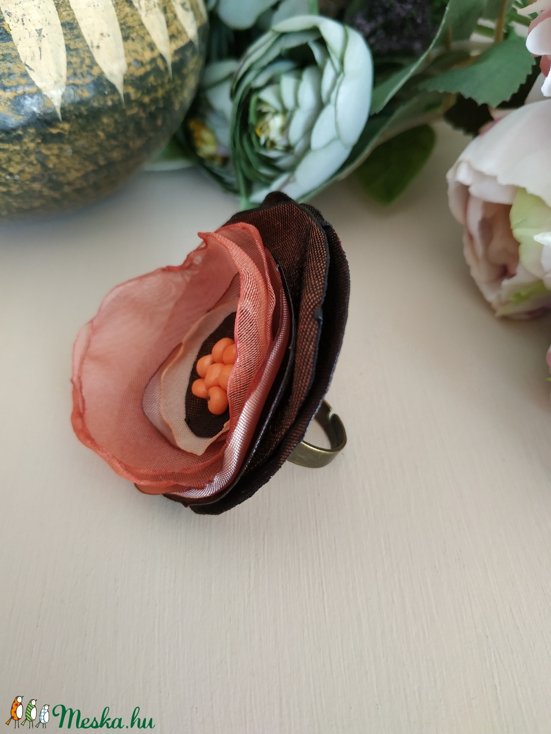 Rozsda Szaténvirág állítható gyűrű - ékszer - gyűrű - gyöngyös gyűrű - Meska.hu