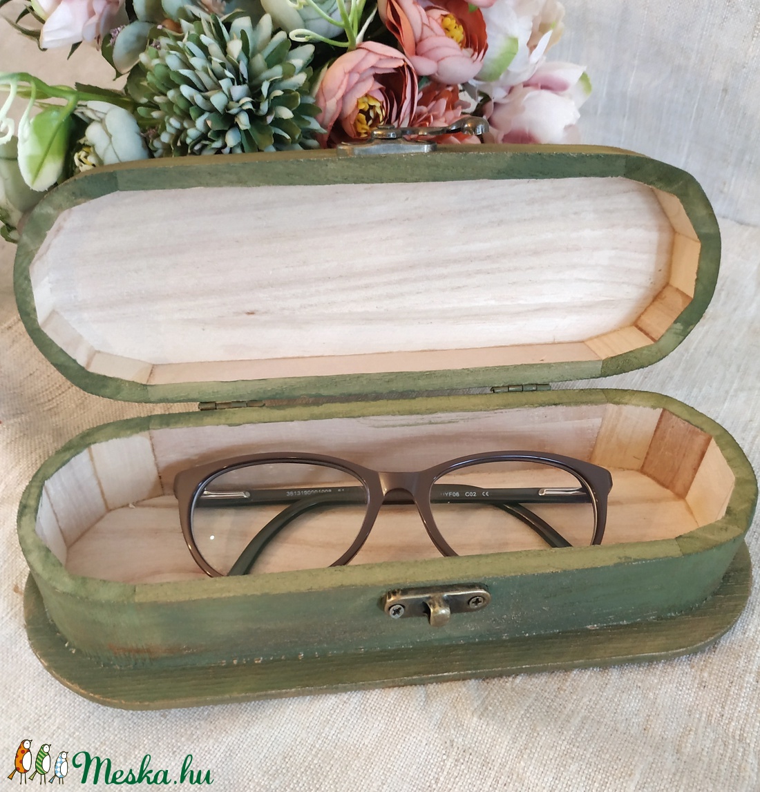 Vintage zöld bézs arany Magnólia tolltartó szemüvegtok - táska & tok - pénztárca & más tok - szemüvegtok - Meska.hu