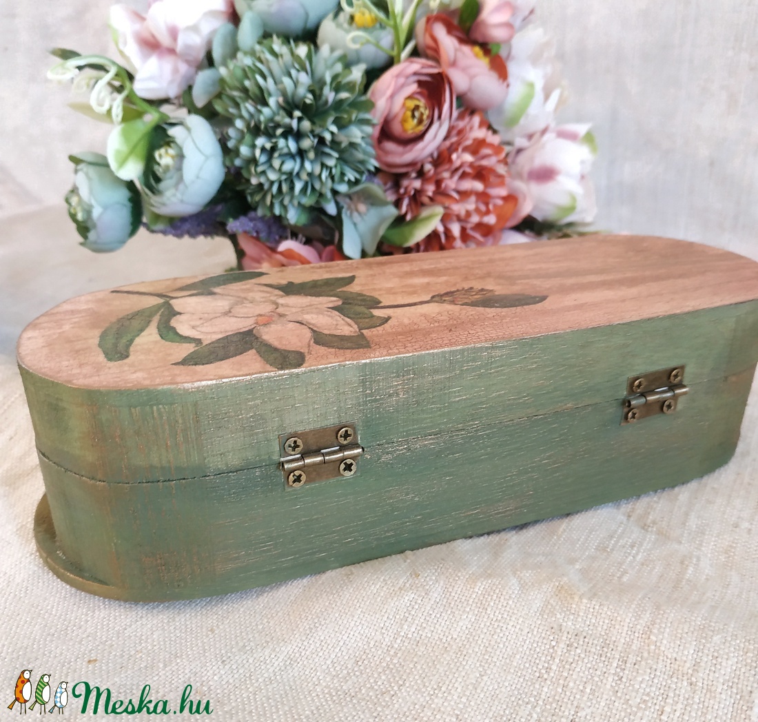 Vintage zöld bézs arany Magnólia tolltartó szemüvegtok - táska & tok - pénztárca & más tok - szemüvegtok - Meska.hu