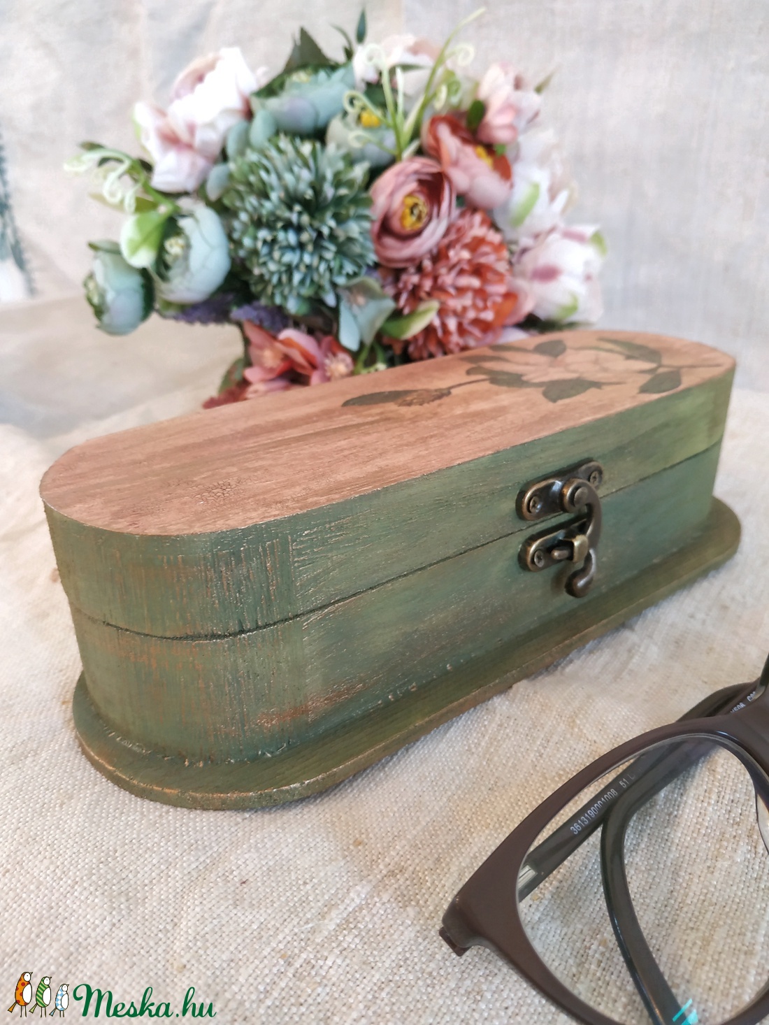 Vintage zöld bézs arany Magnólia tolltartó szemüvegtok - táska & tok - pénztárca & más tok - szemüvegtok - Meska.hu