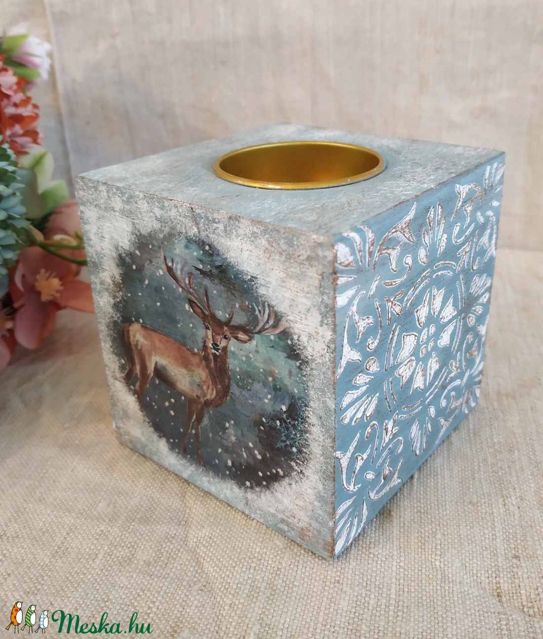 Róka szarvas hópehely Karácsonyi mécsestartó vintage stílus fehér kék - karácsony - karácsonyi lakásdekoráció - karácsonyi illatgyertya, mécses - Meska.hu
