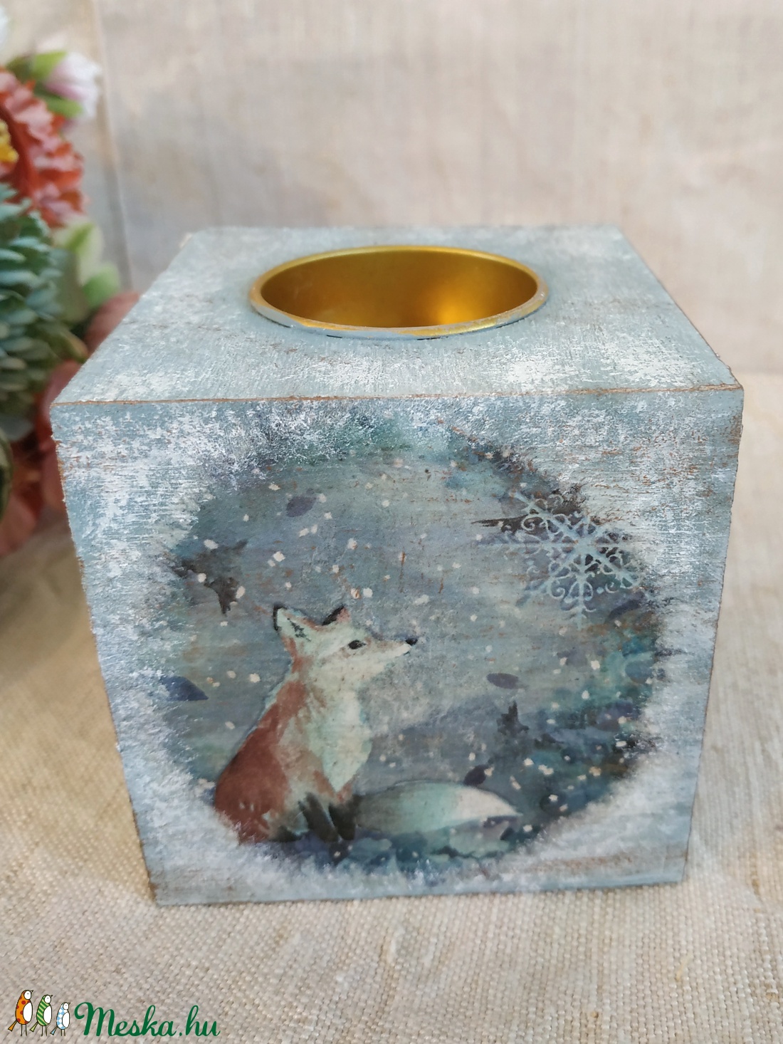 Róka szarvas hópehely Karácsonyi mécsestartó vintage stílus fehér kék - karácsony - karácsonyi lakásdekoráció - karácsonyi illatgyertya, mécses - Meska.hu