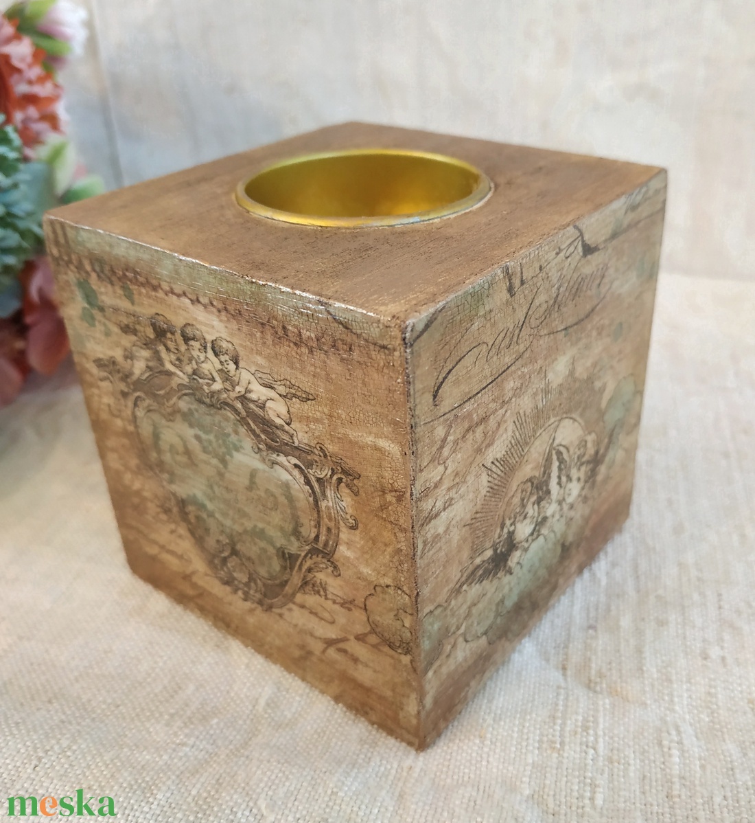 Karácsonyi mécsestartó vintage stílus barna arany angyalok - karácsony - karácsonyi lakásdekoráció - karácsonyi illatgyertya, mécses - Meska.hu