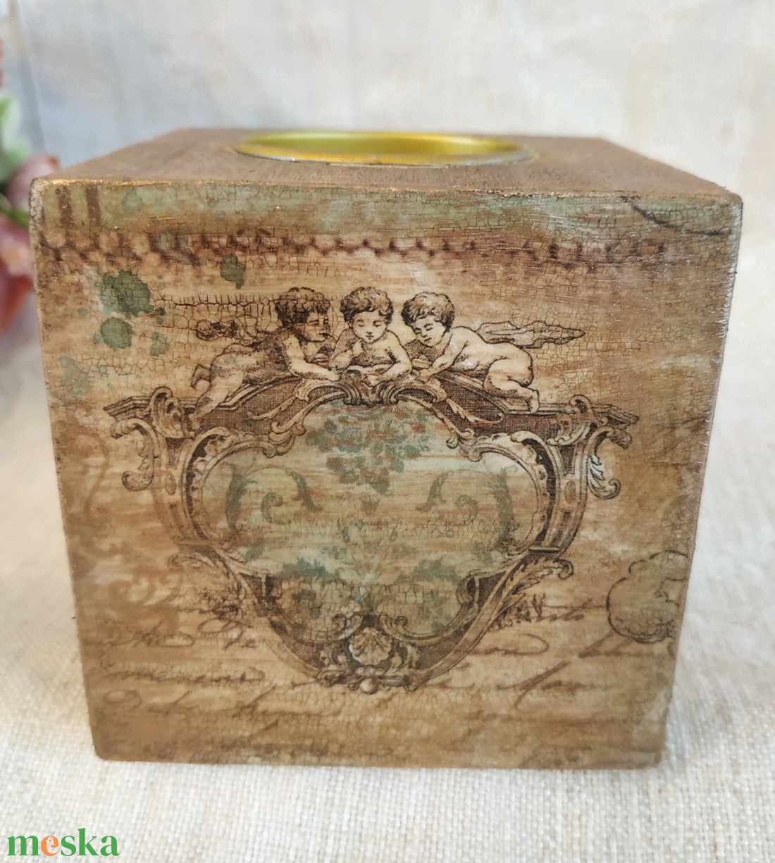 Karácsonyi mécsestartó vintage stílus barna arany angyalok - karácsony - karácsonyi lakásdekoráció - karácsonyi illatgyertya, mécses - Meska.hu