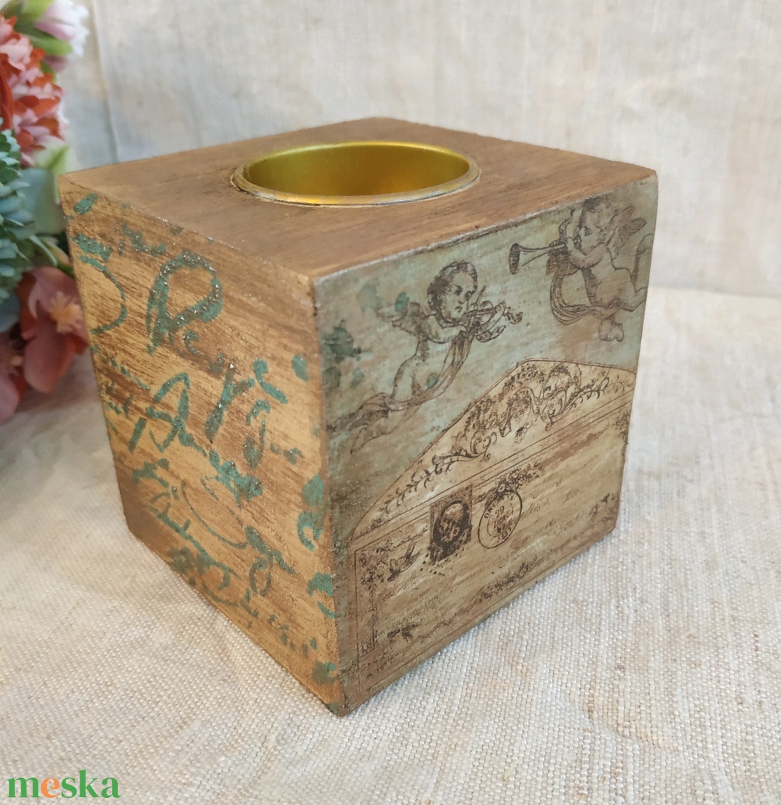 Karácsonyi mécsestartó vintage stílus barna arany angyalok - karácsony - karácsonyi lakásdekoráció - karácsonyi illatgyertya, mécses - Meska.hu