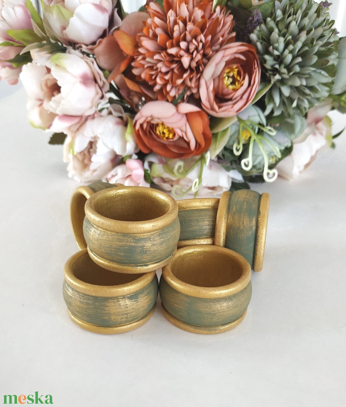 Szalvétagyűrű szett- vintage koptatott zöld-arany - otthon & életmód - konyhafelszerelés, tálalás - tálalás - szalvétatartó, szalvétagyűrű - Meska.hu