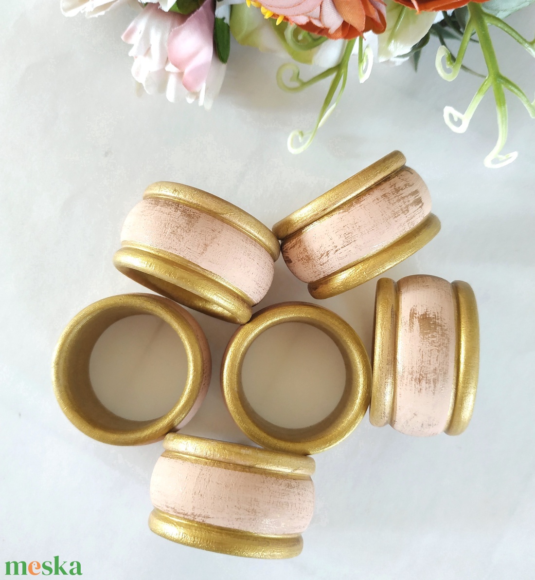 Szalvétagyűrű szett- Koptatott púder rózsaszín-arany - otthon & életmód - konyhafelszerelés, tálalás - tálalás - szalvétatartó, szalvétagyűrű - Meska.hu