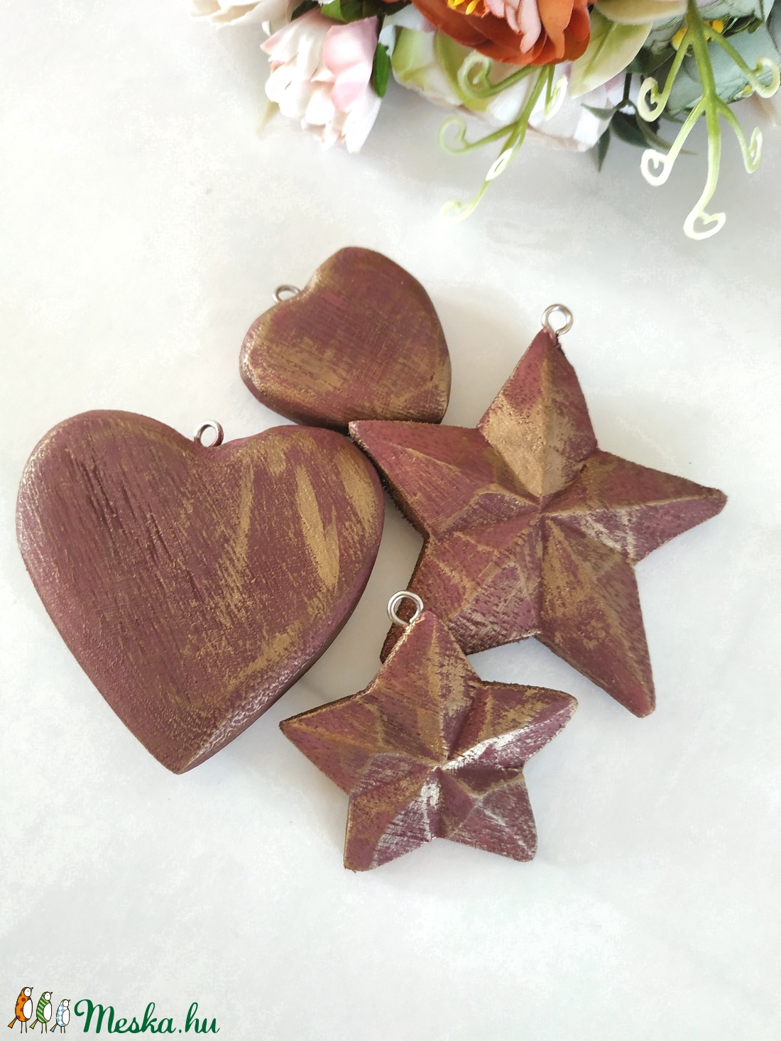 Vintage stílusú bordó és bronz fa karácsonyfadísz szett - karácsony - karácsonyi lakásdekoráció - karácsonyfadíszek - Meska.hu