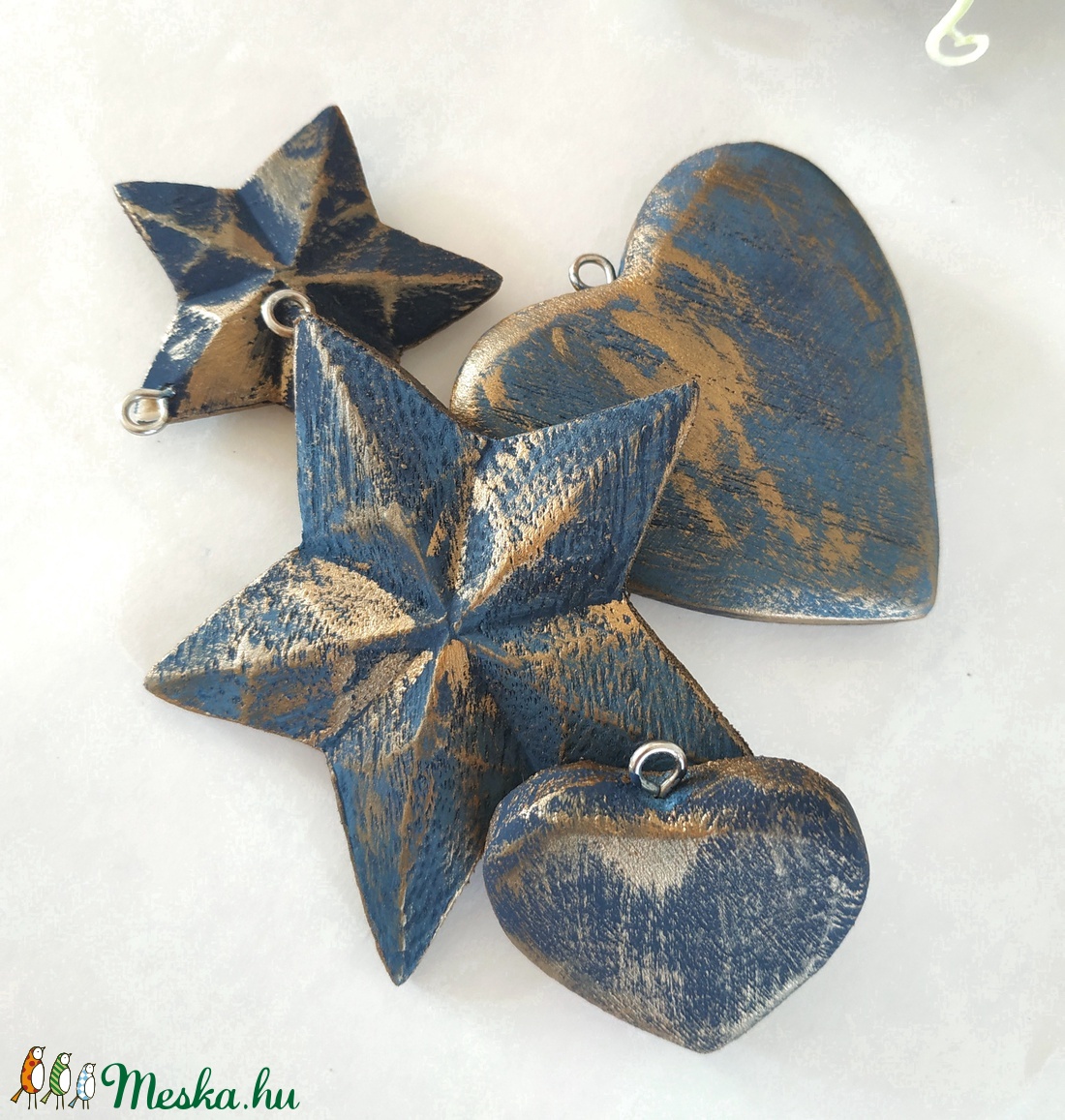 Vintage stílusú indigókék és bronz fa karácsonyfadísz szett - karácsony - karácsonyi lakásdekoráció - karácsonyfadíszek - Meska.hu