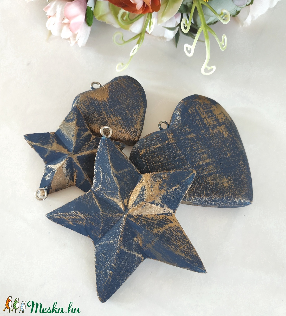Vintage stílusú indigókék és bronz fa karácsonyfadísz szett - karácsony - karácsonyi lakásdekoráció - karácsonyfadíszek - Meska.hu