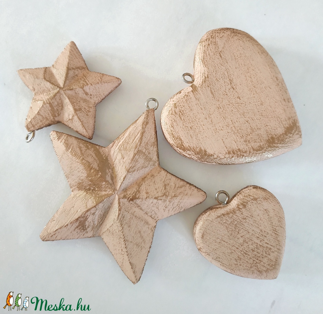 Vintage stílusú púder rózsaszín és bronz fa karácsonyfadísz szett - karácsony - karácsonyi lakásdekoráció - karácsonyfadíszek - Meska.hu