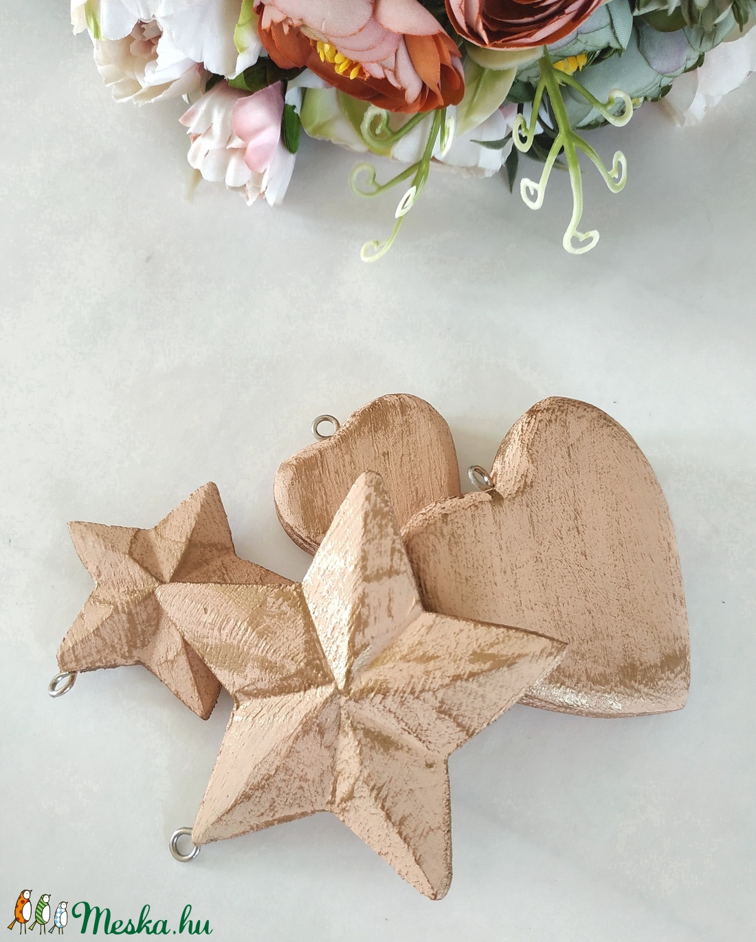 Vintage stílusú púder rózsaszín és bronz fa karácsonyfadísz szett - karácsony - karácsonyi lakásdekoráció - karácsonyfadíszek - Meska.hu