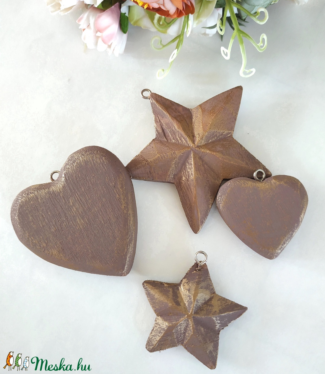 Vintage stílusú pasztel lila és bronz fa karácsonyfadísz szett - karácsony - karácsonyi lakásdekoráció - karácsonyfadíszek - Meska.hu