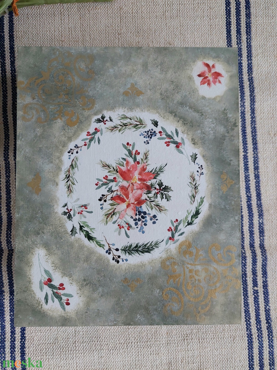 Vintage stílusú karácsonyi macaronos doboz- díszdoboz - (mikulás virág) zöld-arany  szín - otthon & életmód - lakástextil - varrókellék - Meska.hu