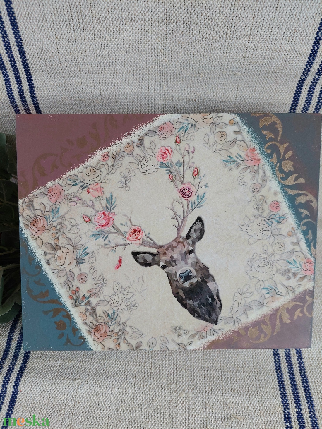 Vintage stílusú karácsonyi macaronos doboz szarvassal- díszdoboz - lila - kék-arany  szín - otthon & életmód - lakástextil - varrókellék - Meska.hu