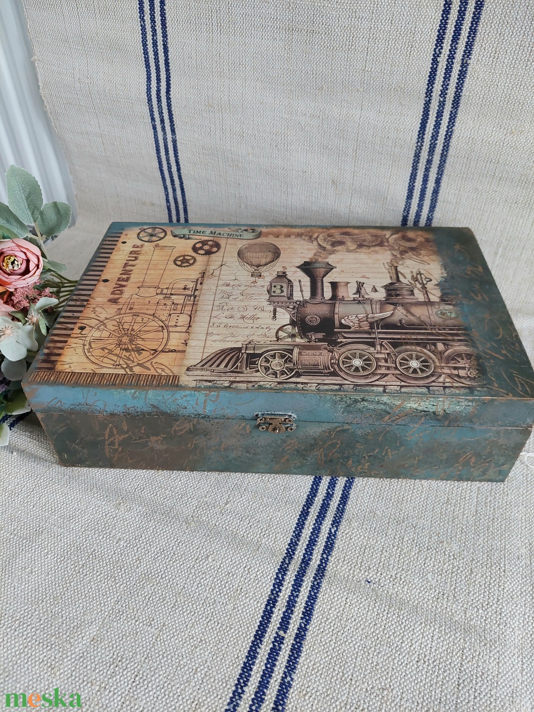 Vintage stílusú gőzmozdonyos doboz - díszdoboz - zöld- kék-arany  szín - otthon & életmód - lakástextil - varrókellék - Meska.hu