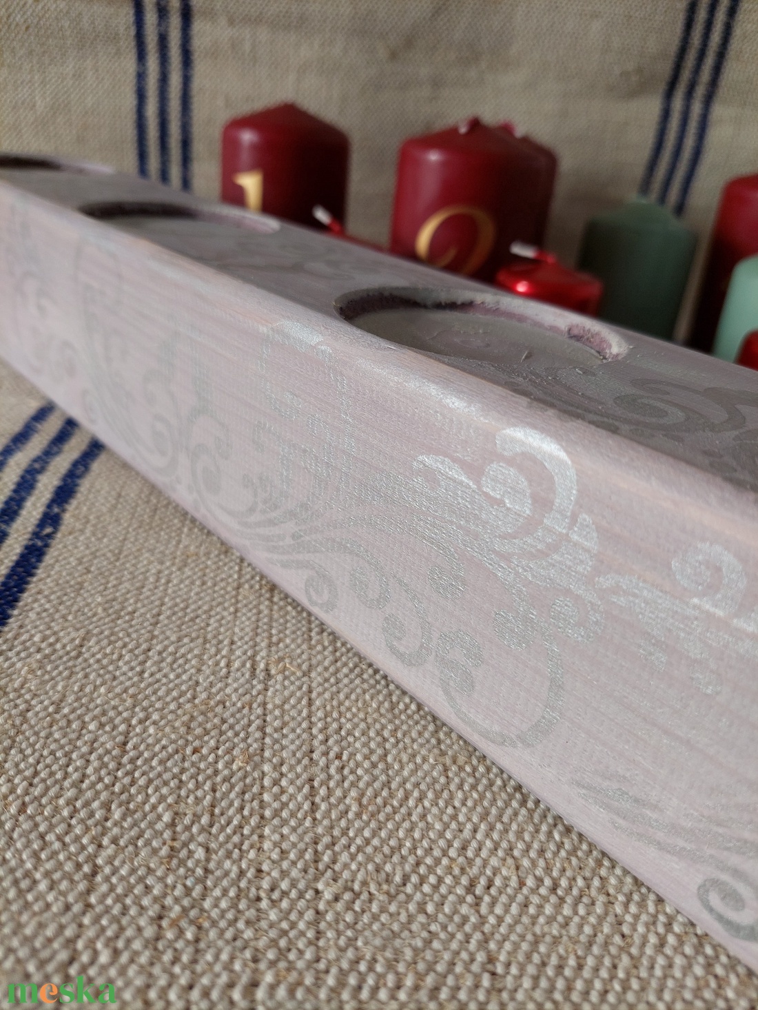 Fa adventi asztalközép  asztaldísz gyertyatartó- pasztell lila- ezüst  - esküvő - dekoráció - gyertya & gyertyatartó - Meska.hu