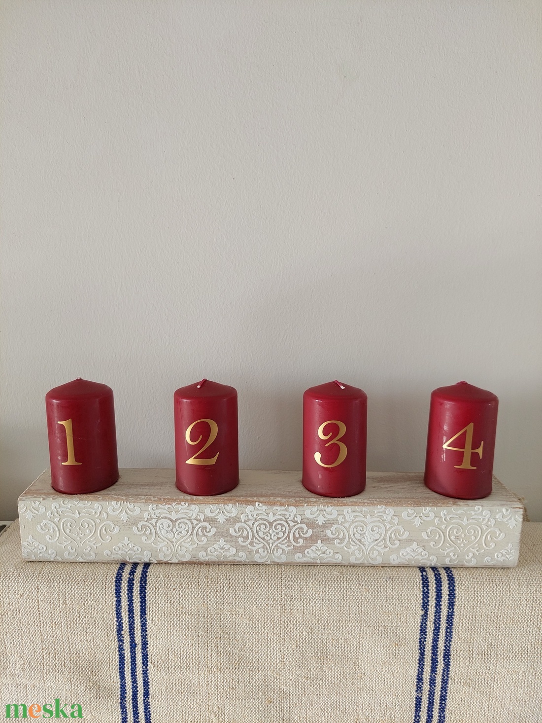 Fa adventi asztalközép  asztaldísz gyertyatartó- koptatott fehér  - esküvő - dekoráció - gyertya & gyertyatartó - Meska.hu