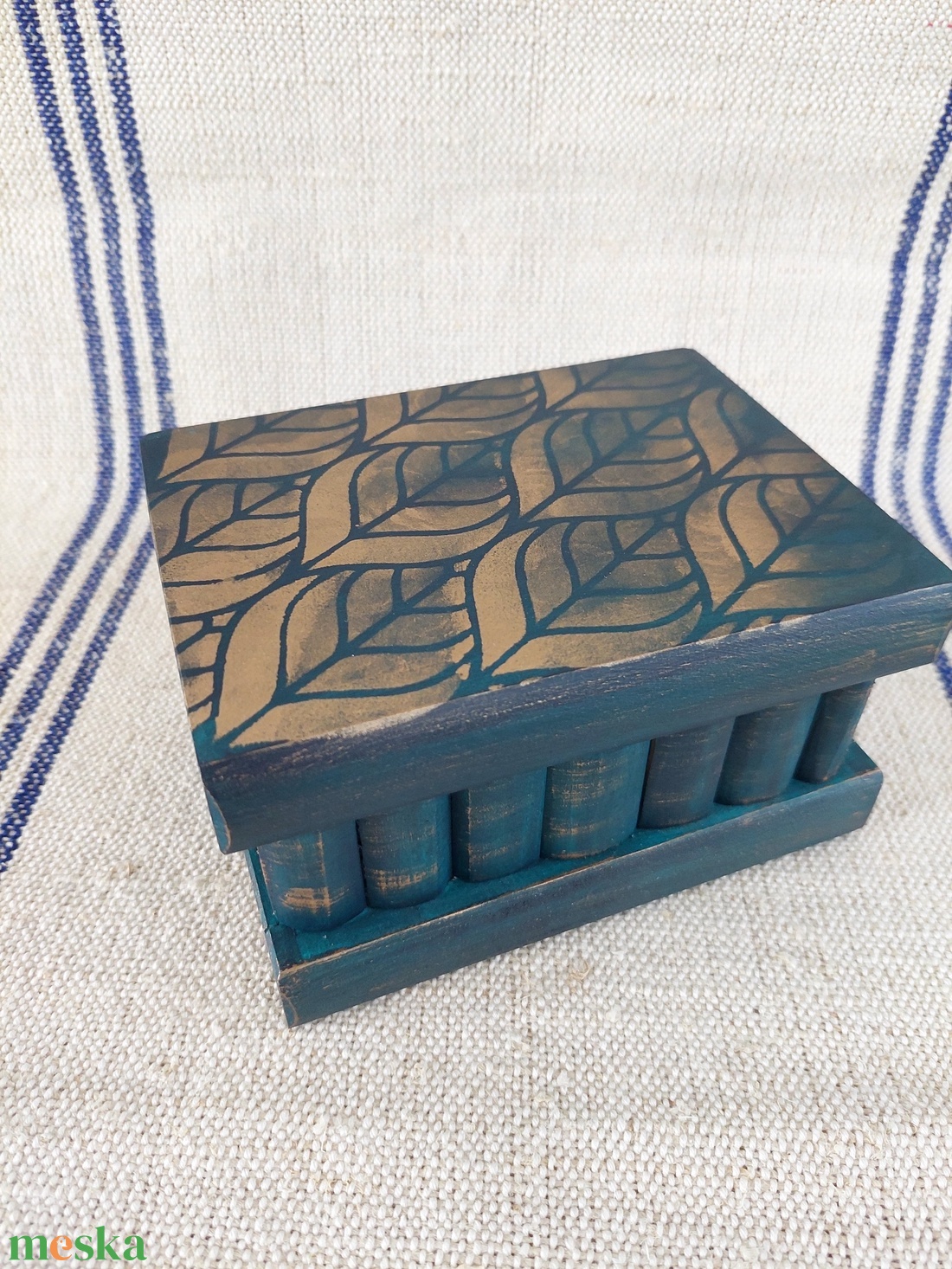 Puzzle doboz/ titkos doboz - óceánkék bronz - nagyobb méret- levélnyomat - ékszer - ékszertartó - ékszerdoboz - Meska.hu
