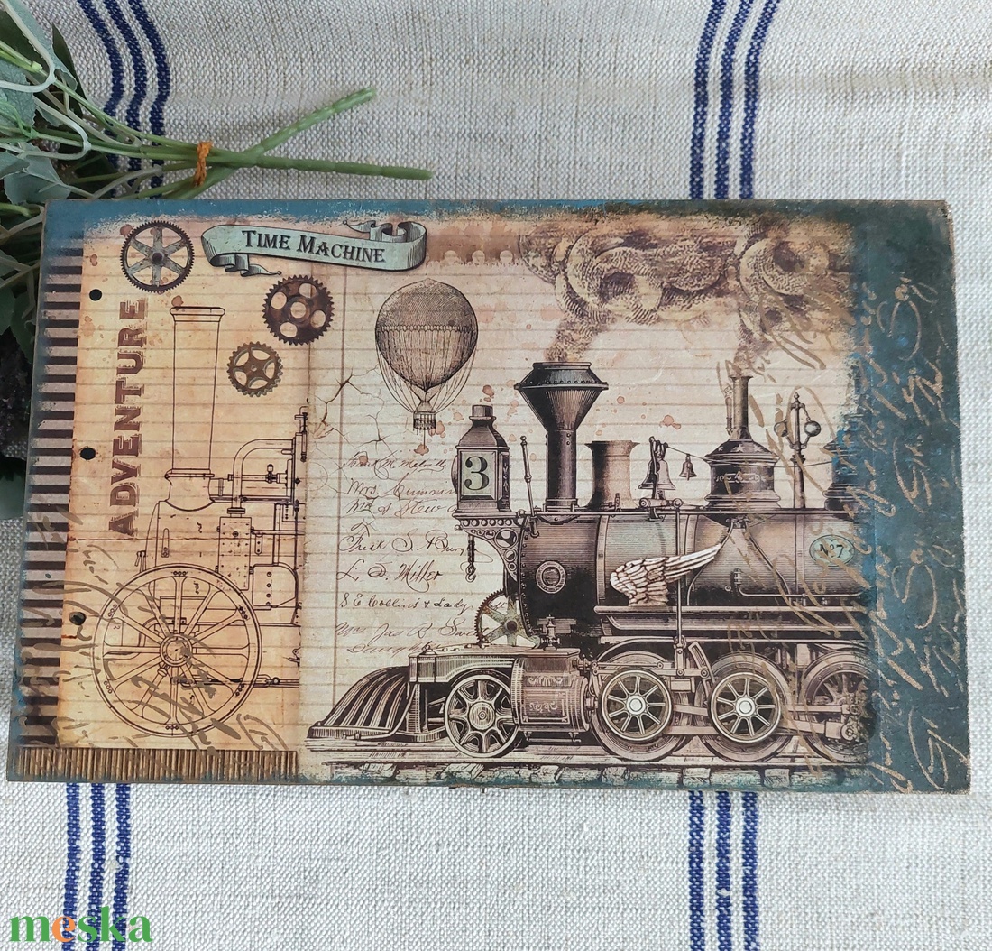 Vintage stílusú gőzmozdonyos doboz - díszdoboz - zöld- kék-arany  szín - otthon & életmód - lakástextil - varrókellék - Meska.hu
