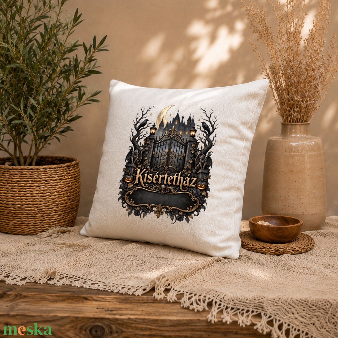 Személyre szabható Halloween párna � Kísértetház családnévvel - otthon & életmód - lakástextil - párna & párnahuzat - díszpárnahuzat - Meska.hu