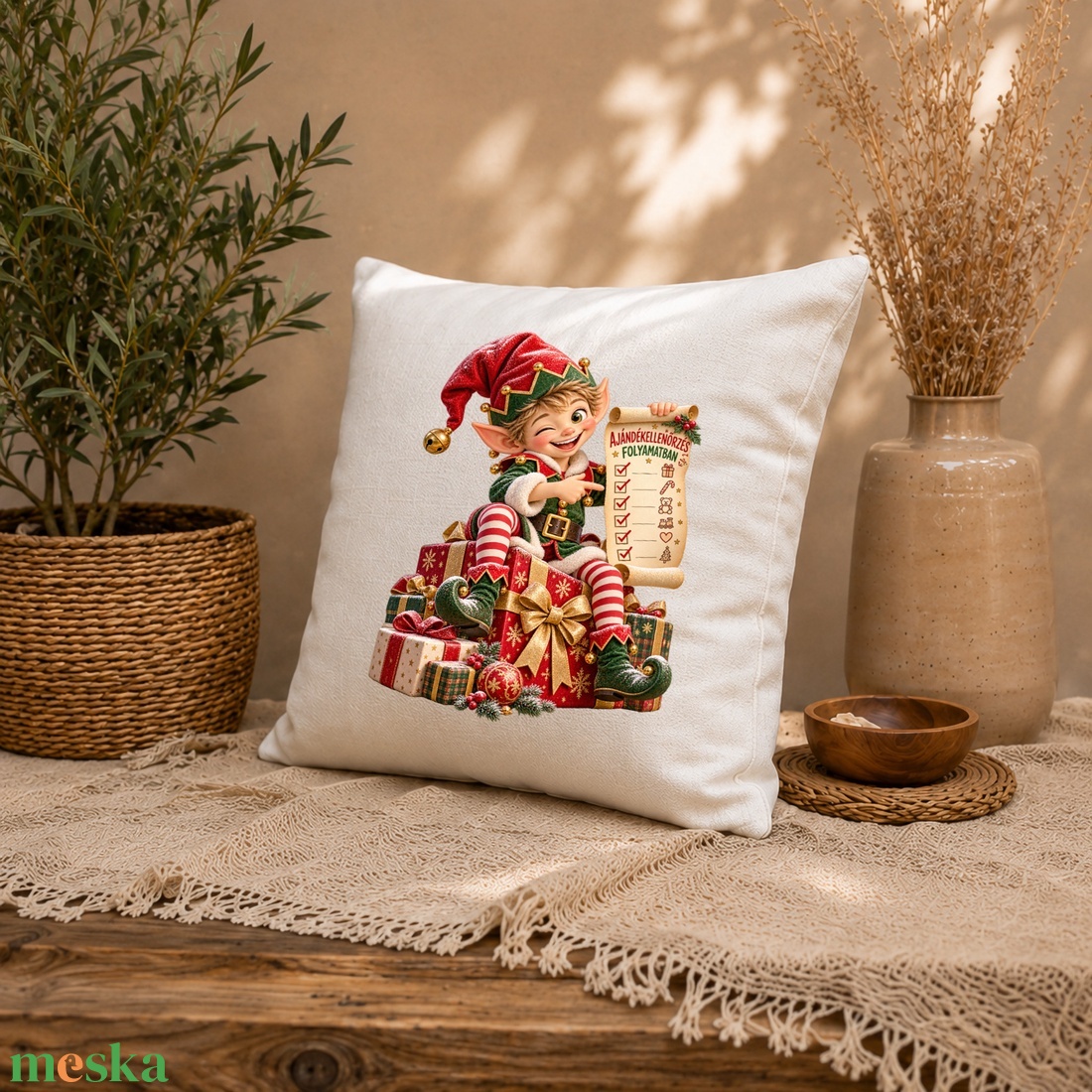 Karácsonyi manó � ünnepi díszpárnahuzat 40�40 cm - otthon & életmód - lakástextil - párna & párnahuzat - díszpárnahuzat - Meska.hu