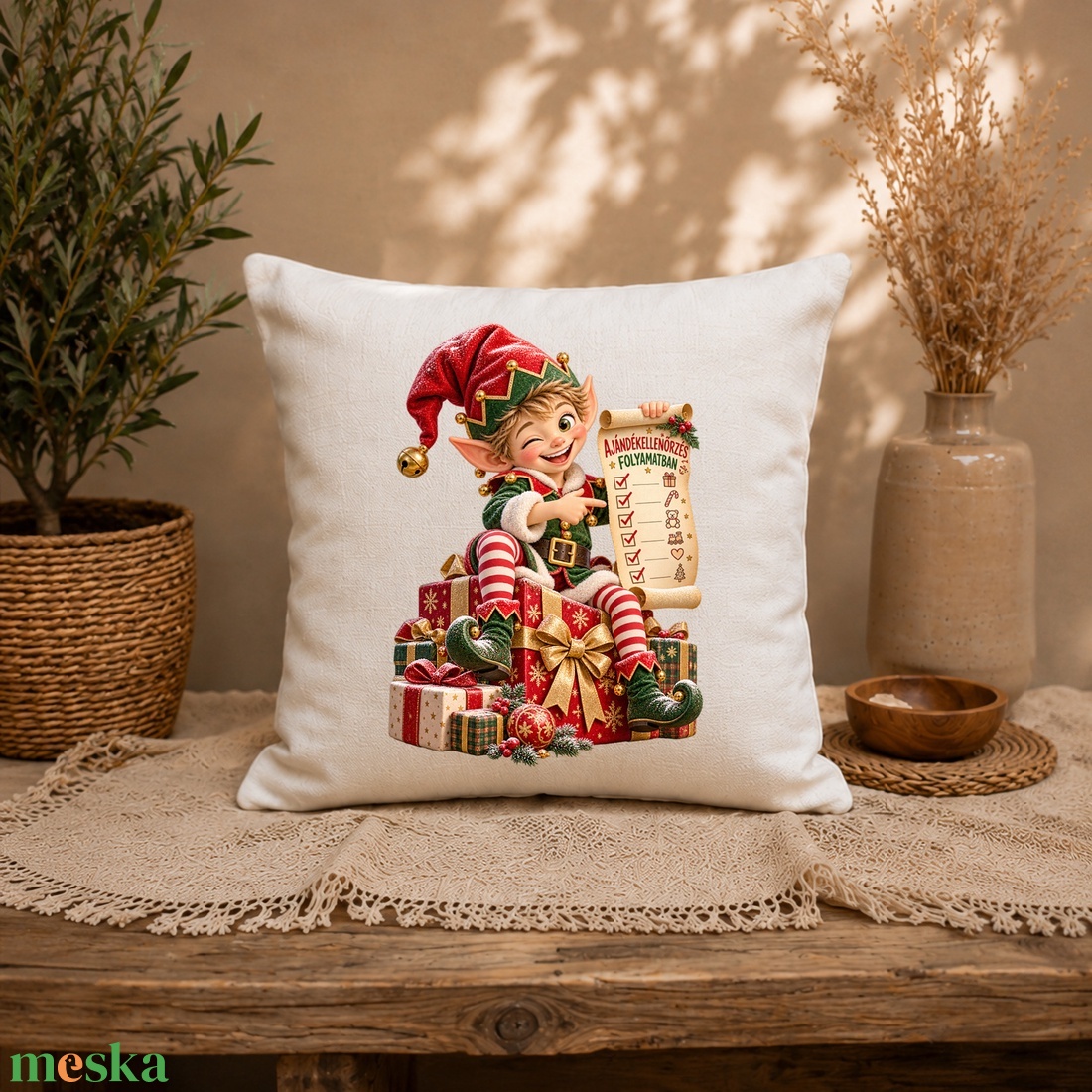 Karácsonyi manó � ünnepi díszpárnahuzat 40�40 cm - otthon & életmód - lakástextil - párna & párnahuzat - díszpárnahuzat - Meska.hu