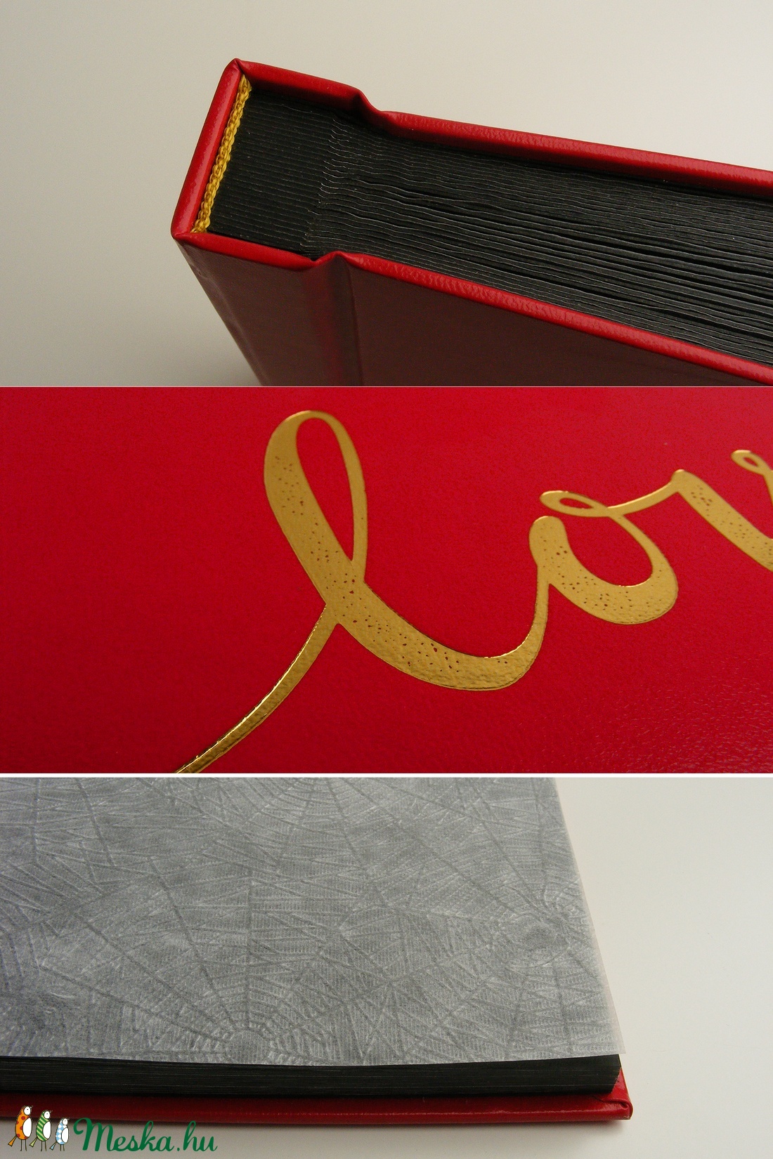 Retro fotóalbum aranyozott Love felirattal.  Hagyományos album piros műbőr borítóval, fekete lapokkal, pókpapírral - otthon & életmód - papír, írószer - album & fotóalbum - Meska.hu