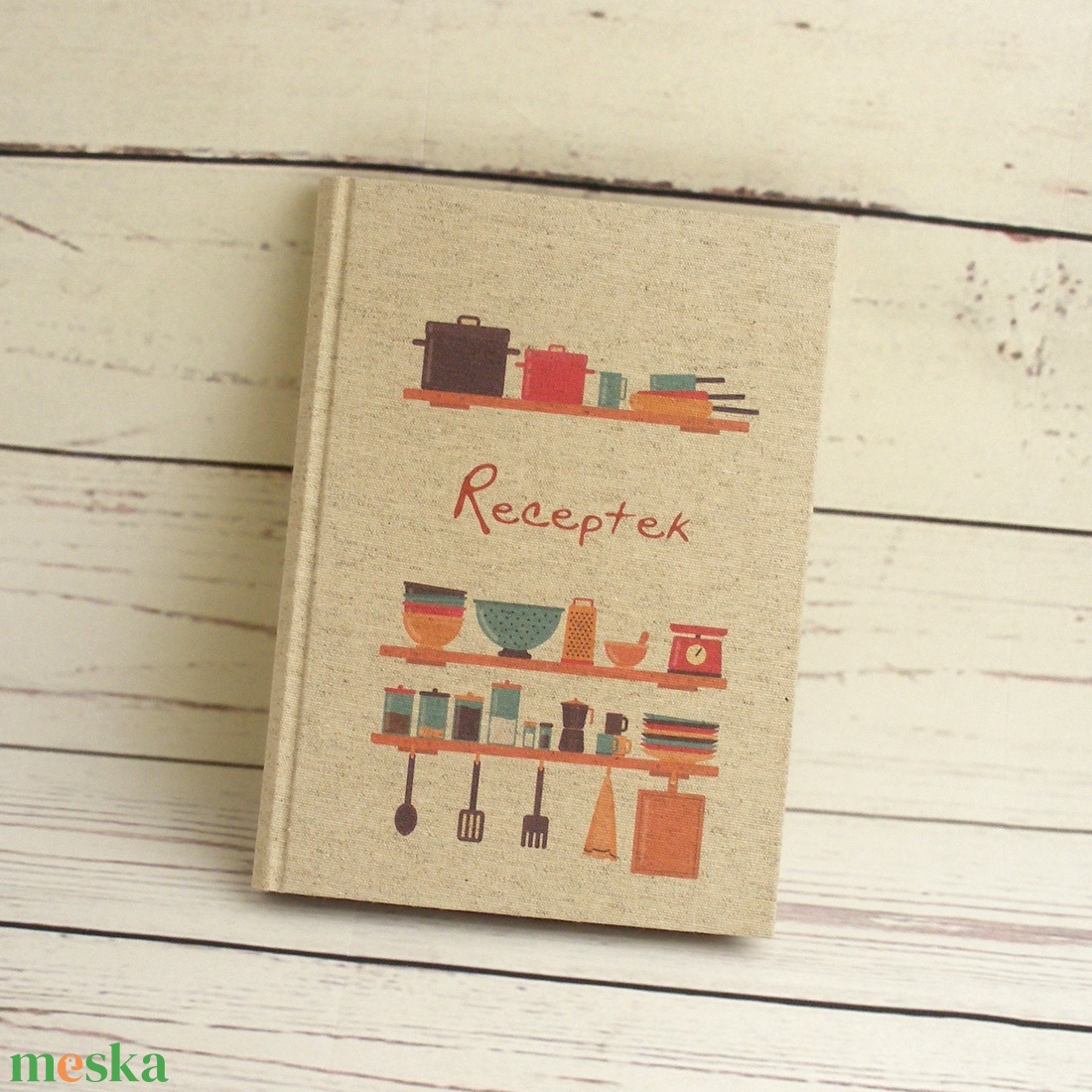 Receptgyűjtő könyv, retro stílusú recepteskönyv a saját receptekhez, konyhai eszközök a vászon borítón. Egyedi címmel is - otthon & lakás - konyhafelszerelés - receptfüzet - Meska.hu