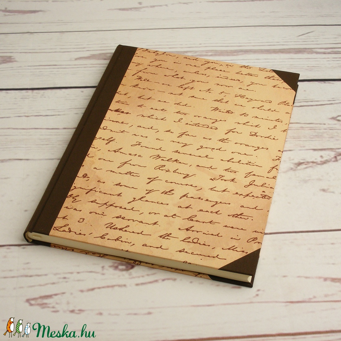 Vonalas napló A4-es lapokkal, régi kézírást utánzó borítóval, gerinc és sarkok sötétbarna vászonból, kézzel fűzött - otthon & életmód - papír, írószer - jegyzetfüzet & napló - Meska.hu