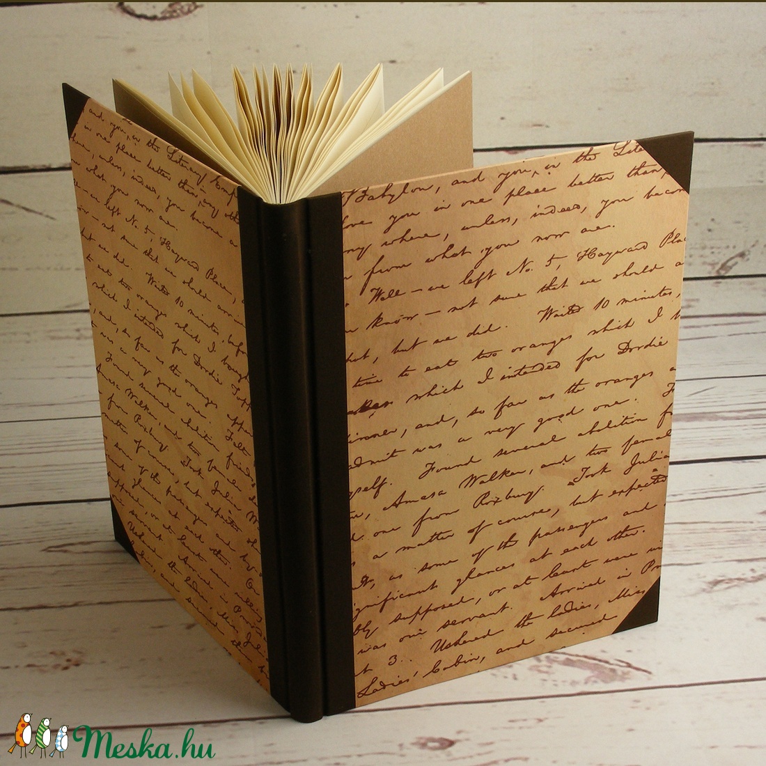 Vonalas napló A4-es lapokkal, régi kézírást utánzó borítóval, gerinc és sarkok sötétbarna vászonból, kézzel fűzött - otthon & életmód - papír, írószer - jegyzetfüzet & napló - Meska.hu