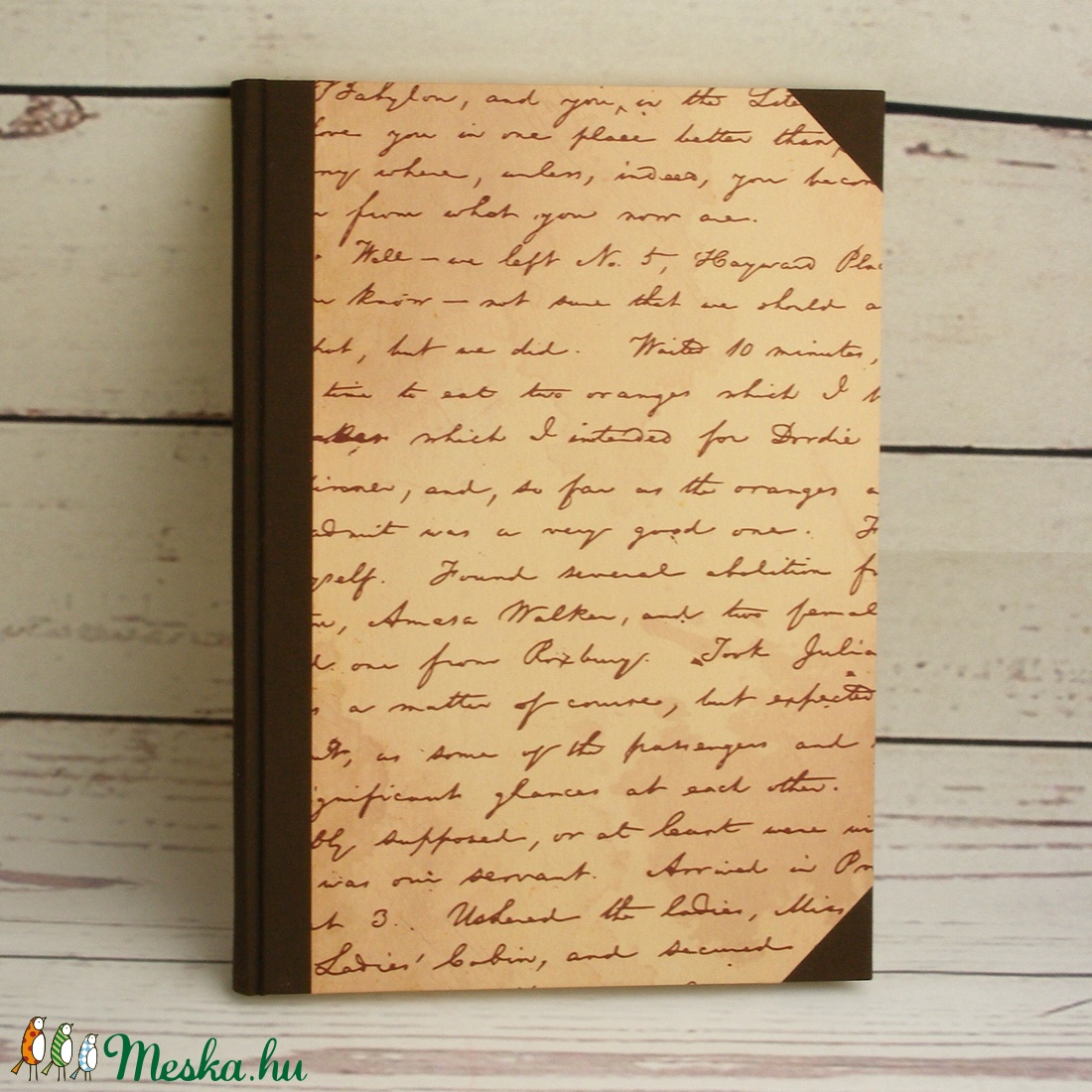 Vonalas napló A4-es lapokkal, régi kézírást utánzó borítóval, gerinc és sarkok sötétbarna vászonból, kézzel fűzött - otthon & életmód - papír, írószer - jegyzetfüzet & napló - Meska.hu