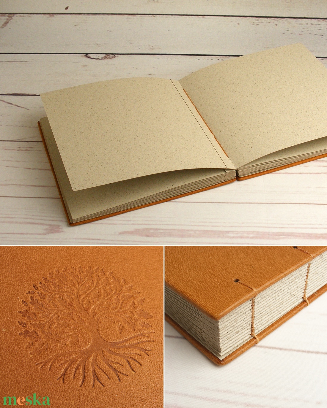 Valódi  bőr fotóalbum, csau színű fényképalbum, életfás album kopt fűzéssel. Ajándék scrapbook, emlékalbum felnőtteknek - otthon & életmód - papír, írószer - album & fotóalbum - Meska.hu