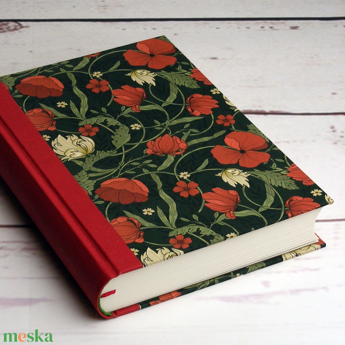 Pipacsos napló piros vászon gerinccel, virágmintás papír borítóval. Névre szólóan és többféle belső lappal is kérhető - otthon & életmód - papír, írószer - jegyzetfüzet & napló - Meska.hu