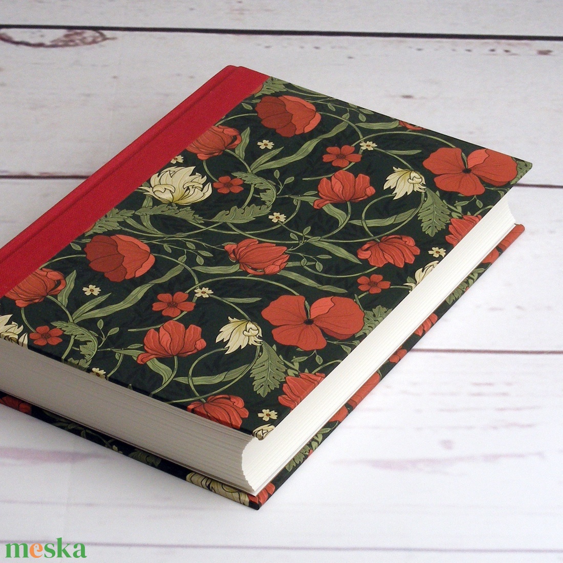 Pipacsos napló piros vászon gerinccel, virágmintás papír borítóval. Névre szólóan és többféle belső lappal is kérhető - otthon & életmód - papír, írószer - jegyzetfüzet & napló - Meska.hu