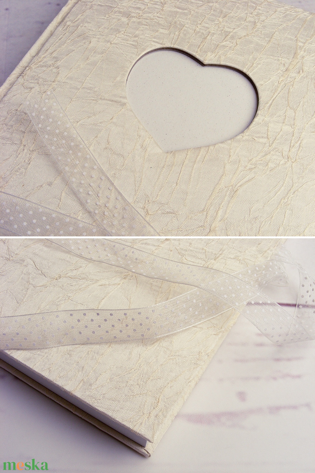 Fehér esküvői könyv, vendégkönyv, emlékkönyv. Krémfehér gyűrt selyem borító, szív alakú kivágás, fehér organza szalag - esküvő - emlék & ajándék - vendégkönyv - Meska.hu