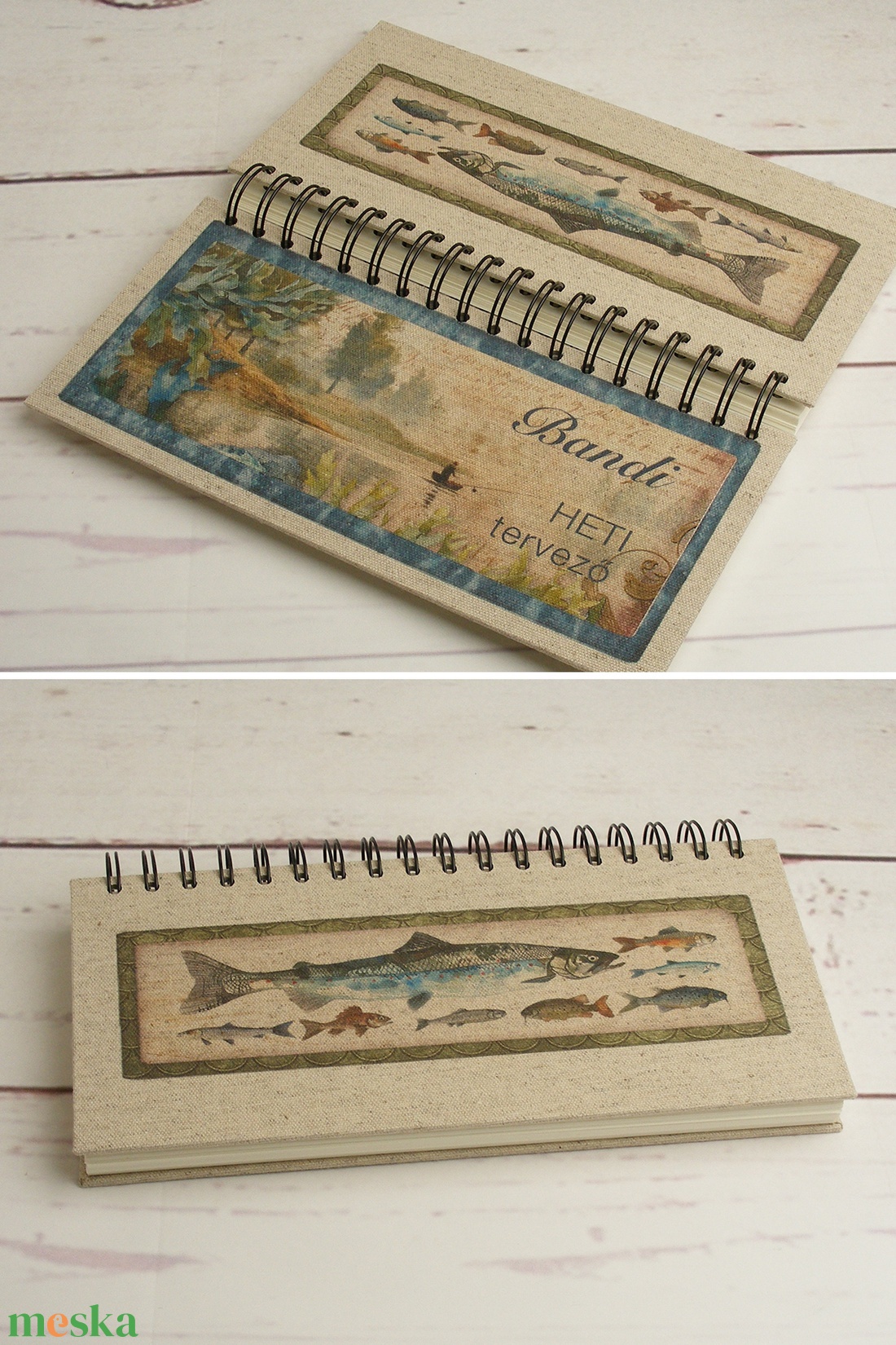 Horgászos heti tervező, egyszerű spirálos napló. Natúr vászon, elöl horgászjelenet, hátul halak. Két évre szóló naptár - otthon & életmód - papír, írószer - naptár & tervező - Meska.hu