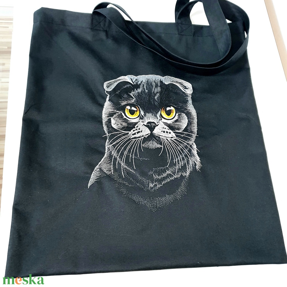 Fülesincs cica hímzett vászontáska  - táska & tok - bevásárlás & shopper táska - kenyeres zsák - Meska.hu