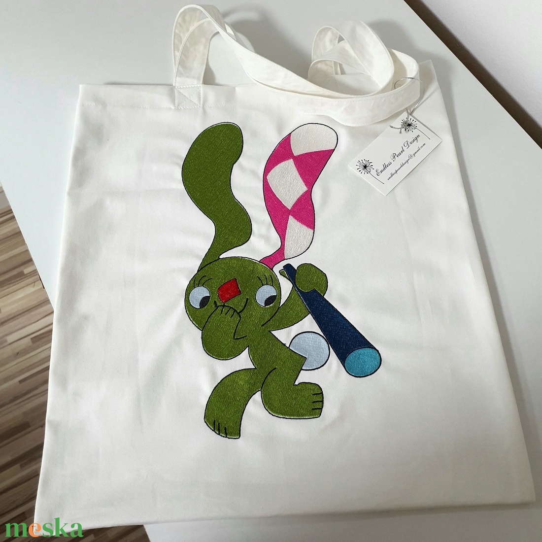 Kockás fülü nyúl hímzett vászontáska  - táska & tok - bevásárlás & shopper táska - shopper, textiltáska, szatyor - Meska.hu