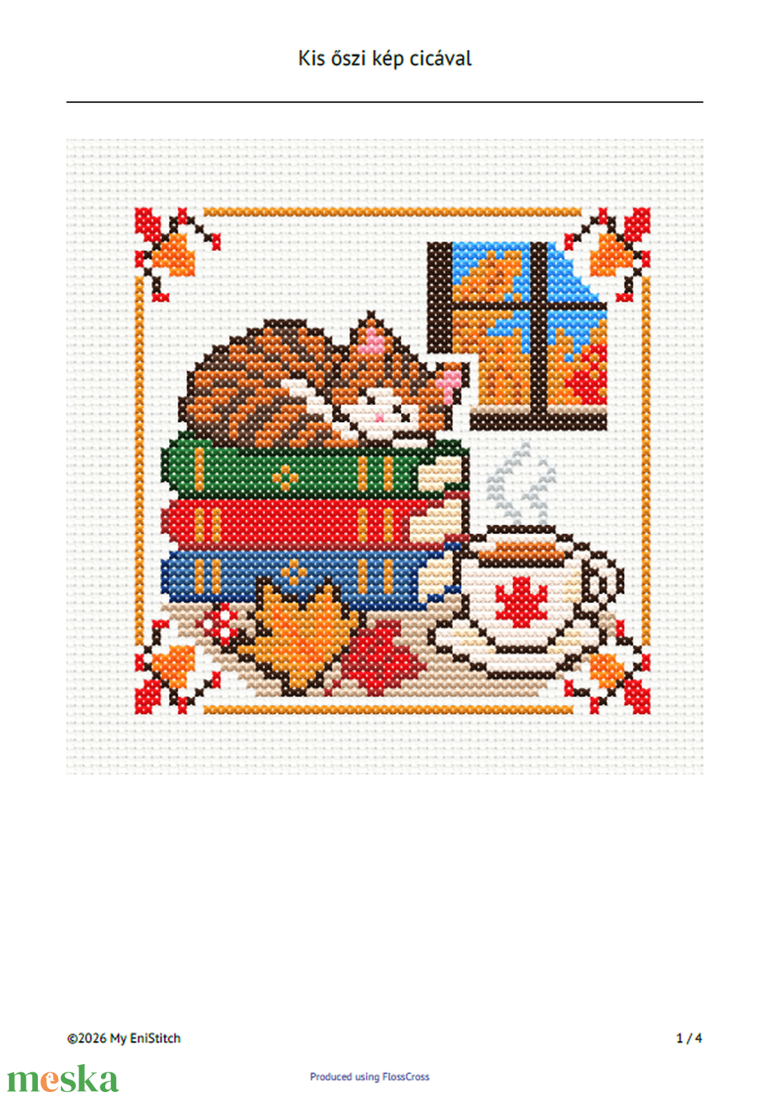 Keresztszemes minta - Kis őszi kép cicával - diy (csináld magad) - szabásminta, útmutató - hímzés minta - Meska.hu