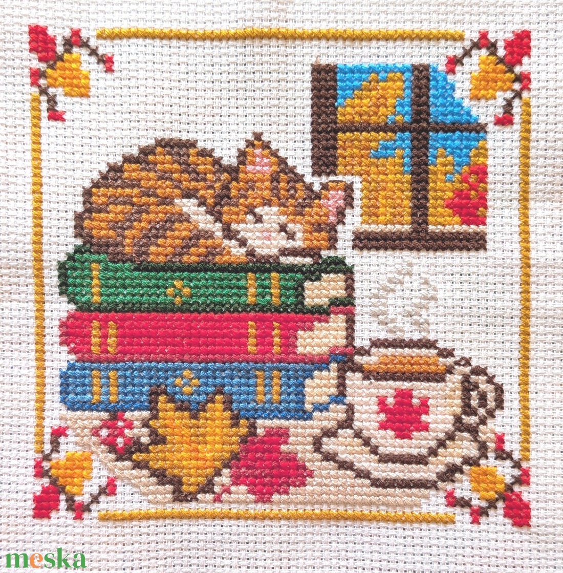 Keresztszemes minta - Kis őszi kép cicával - diy (csináld magad) - szabásminta, útmutató - hímzés minta - Meska.hu