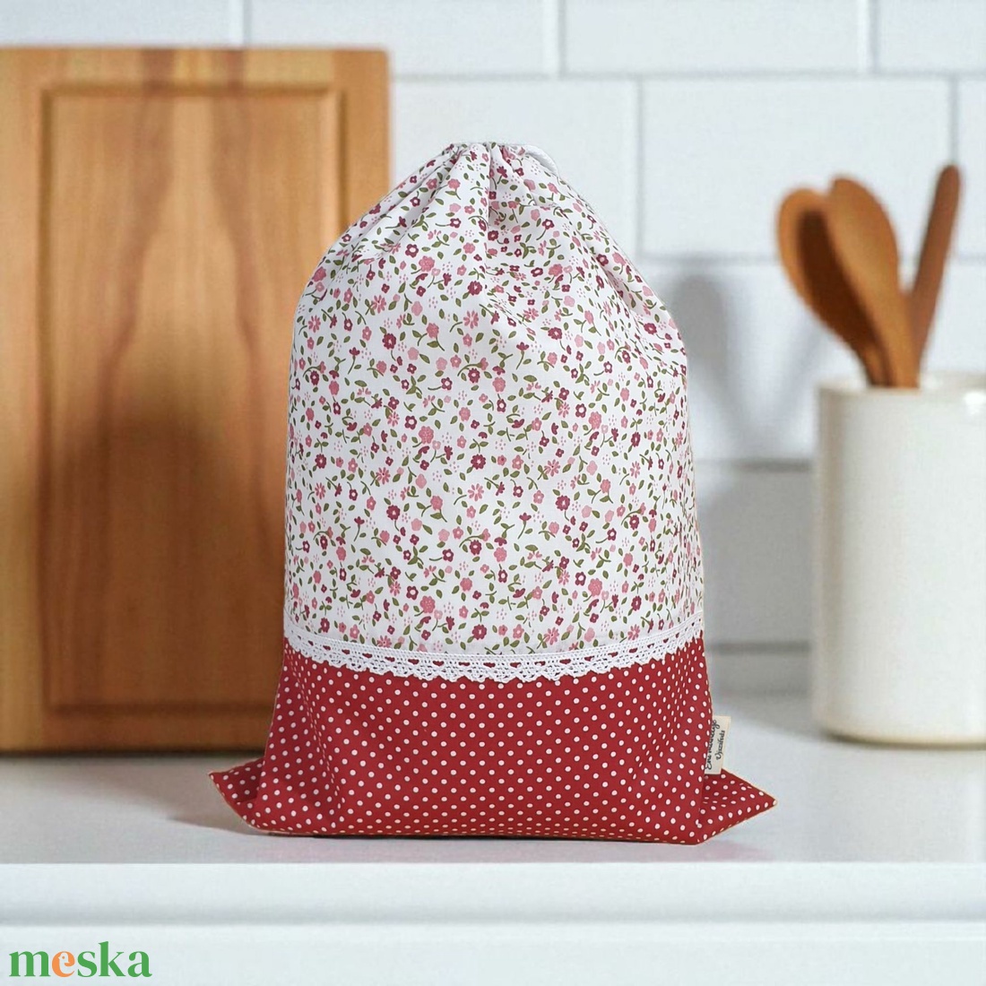 Kenyeres, pékárus zsák pamut csipkével  - otthon & életmód - konyhafelszerelés, tálalás - konyhai tárolás - kenyértartó - Meska.hu