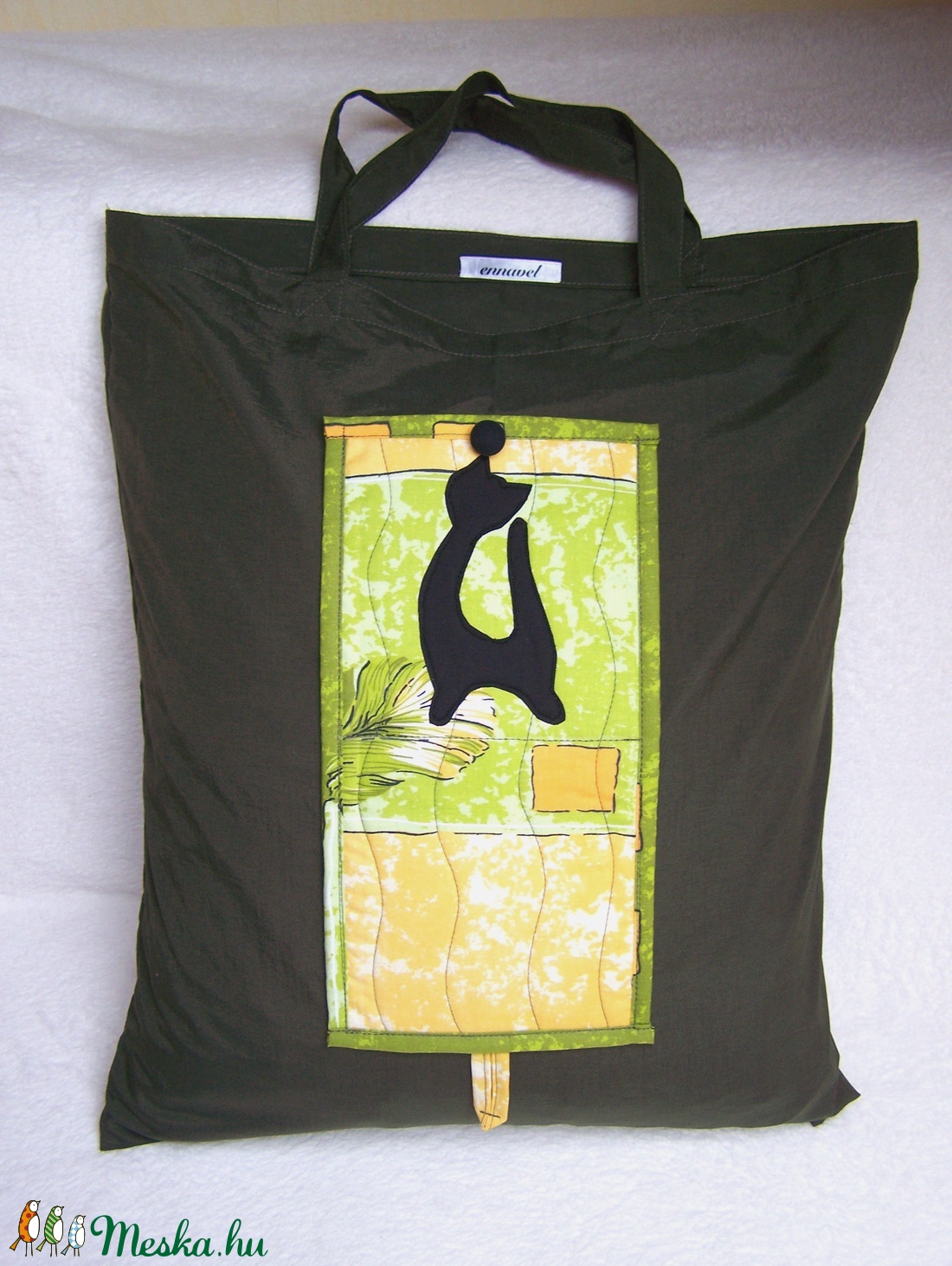 Készletkisöprés !!!Összecsukható szatyor,   olajzöld, cicás zsebbel -  - Meska.hu