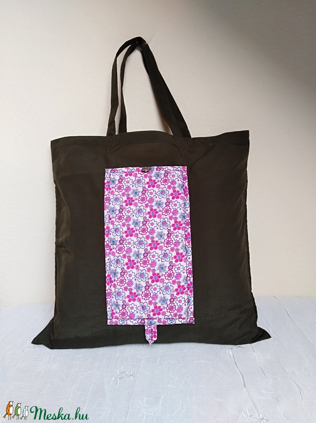Szatyor, összecsukható, pink virágos, olajzöld  - táska & tok - bevásárlás & shopper táska - shopper, textiltáska, szatyor - Meska.hu