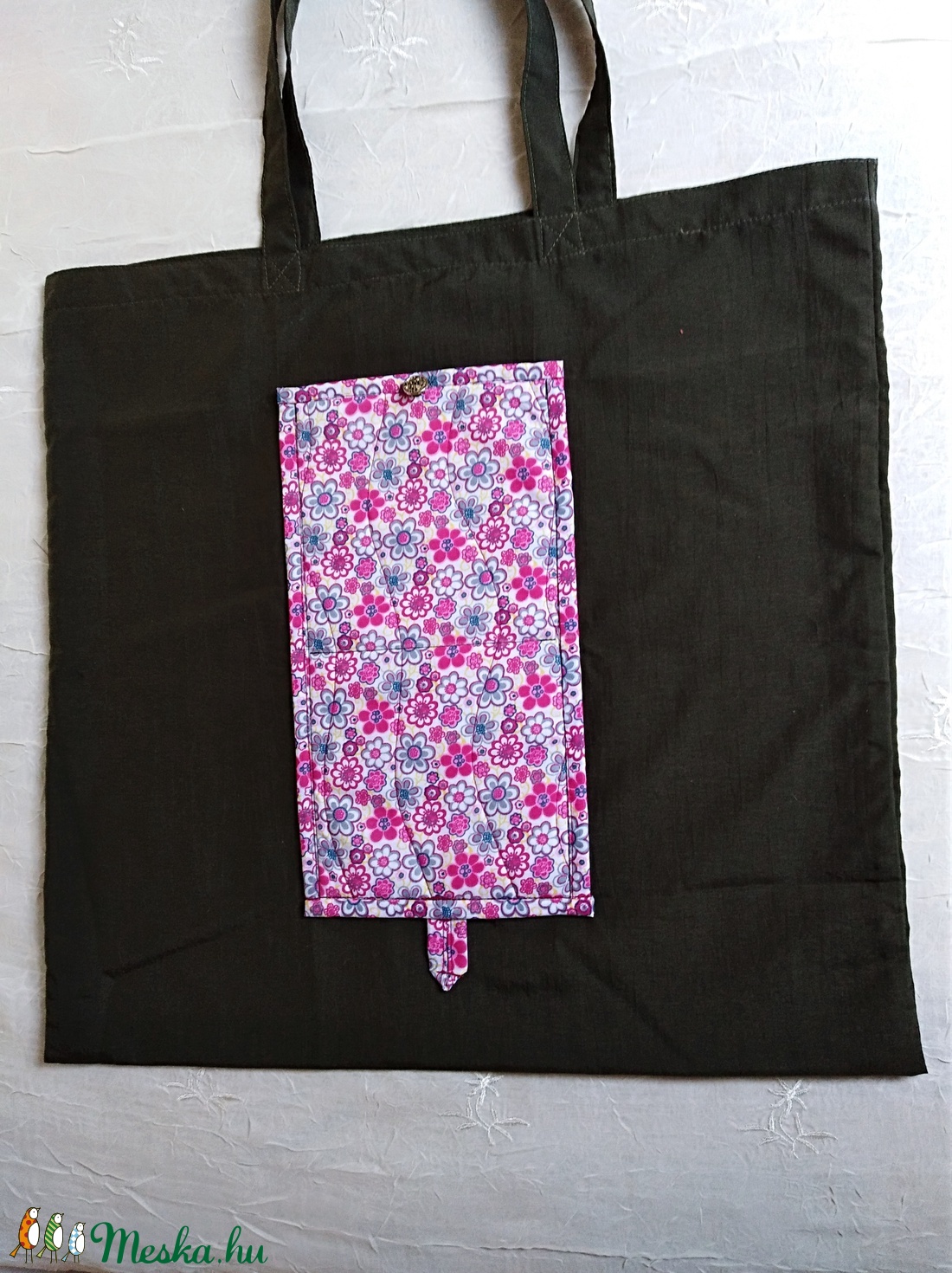 Szatyor, összecsukható, pink virágos, olajzöld  - táska & tok - bevásárlás & shopper táska - shopper, textiltáska, szatyor - Meska.hu