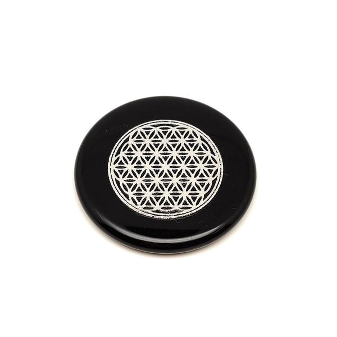 Obszidián korong életvirág ezüst matricás 5cm - kellékek & szerszámok - ásvány alapanyag - Meska.hu