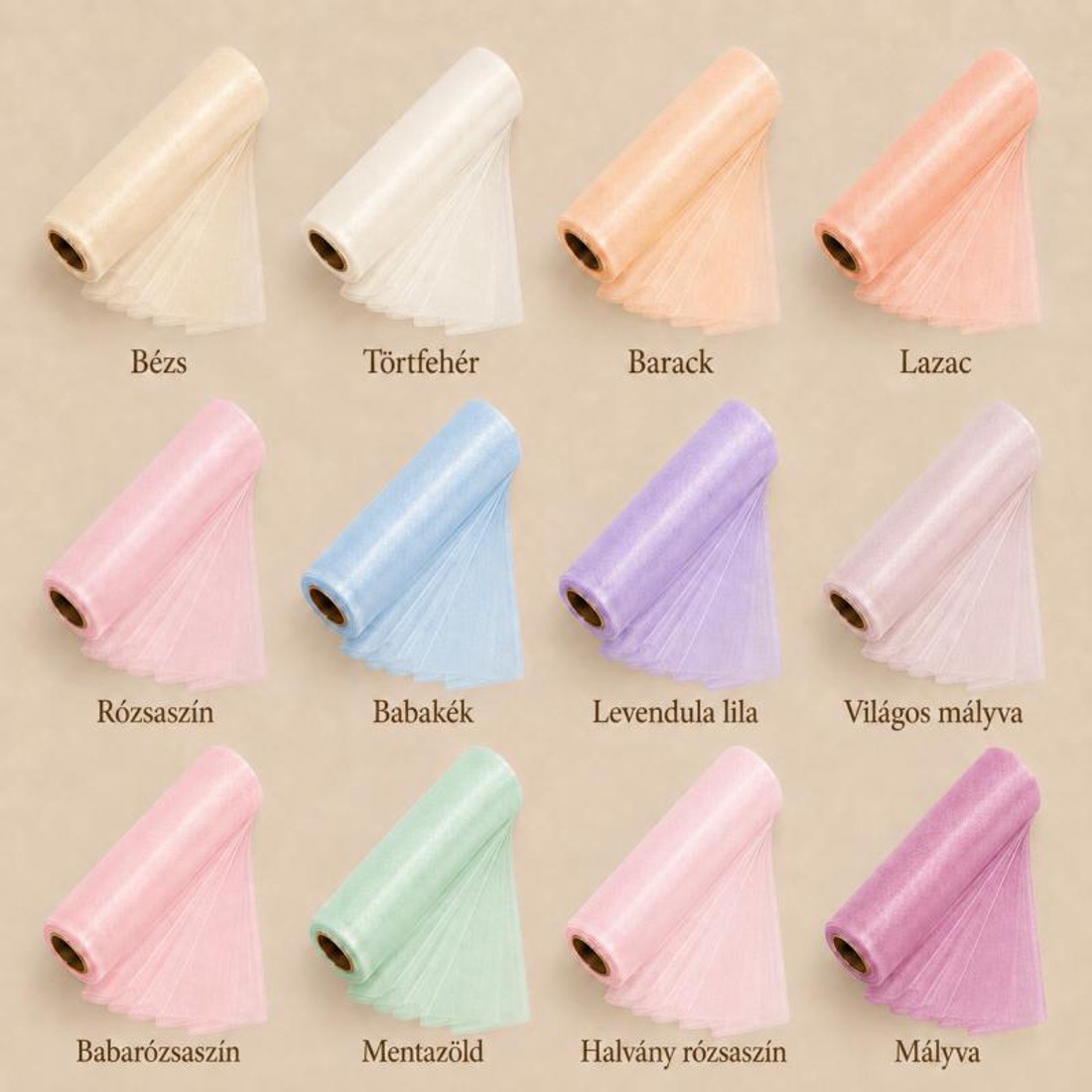 Szegély nélküli organza tekercs 15 cm � 10 m � világos és pasztell árnyalatok - kellékek & szerszámok - méteráru - dekorációs alapanyag - Meska.hu