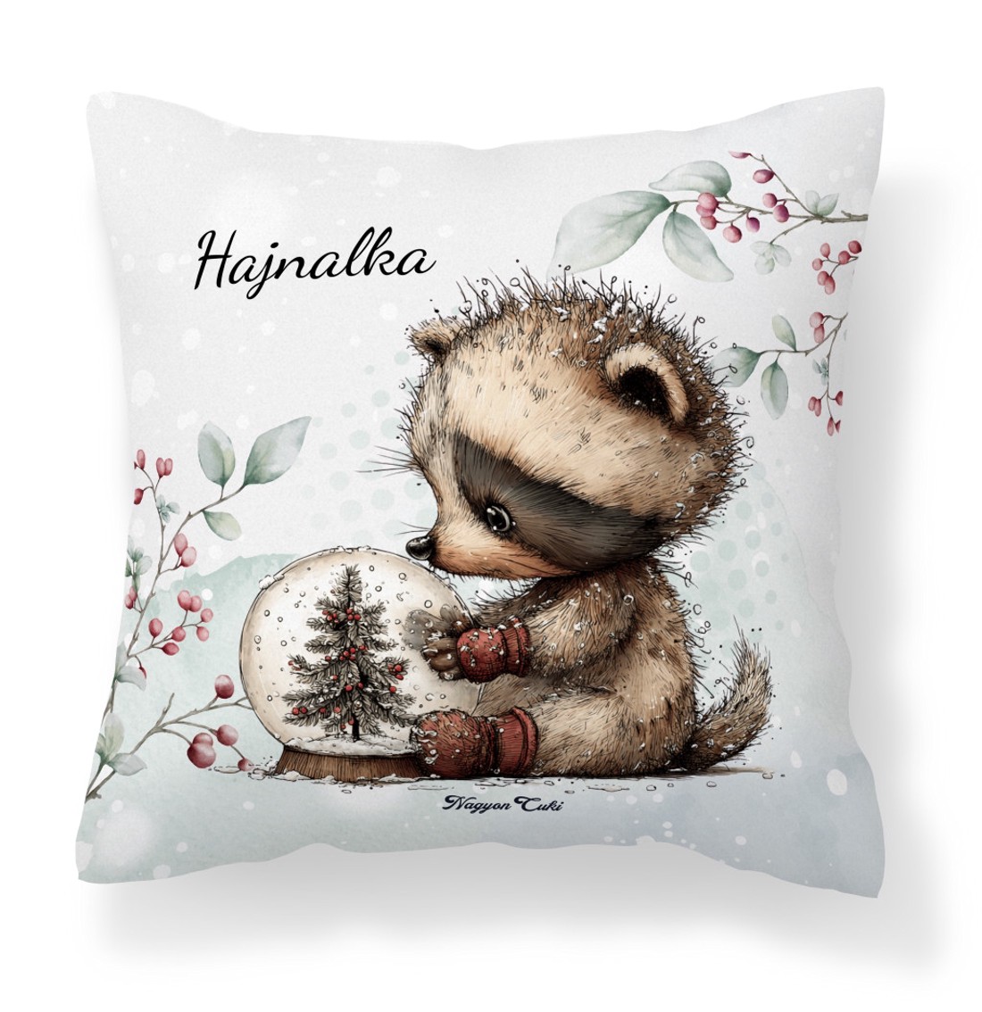 Névvel kérhető - Cuki téli mosómedve hógömbbel mintás párna - otthon & életmód - lakástextil - párna & párnahuzat - díszpárna (belsővel együtt) - Meska.hu